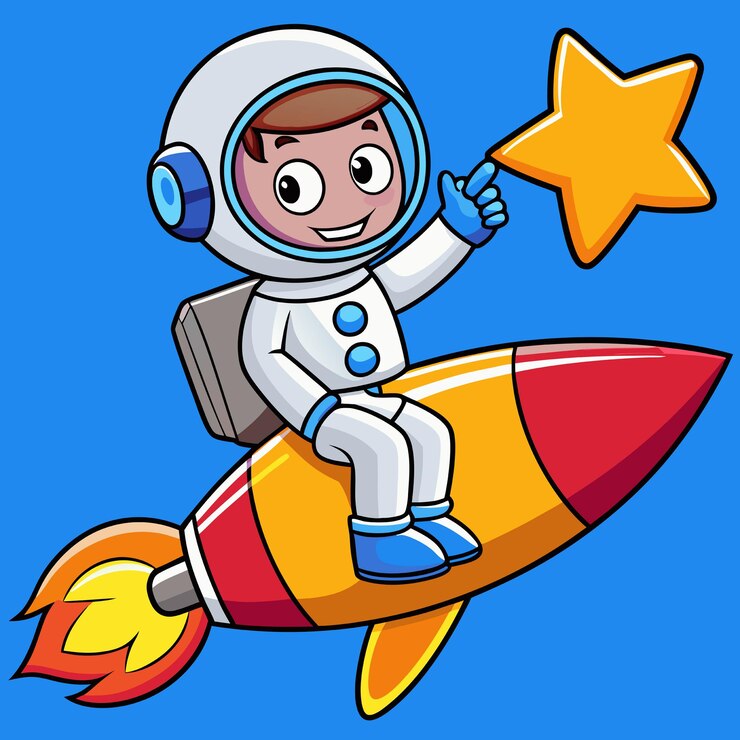 Vector astronauta lindo montando un cohete y apuntando a una estrella en el espacio ícono vectorial de dibujos animados ilustración ciencia tecnología ícono concepto aislado estilo de dibujus animados plano vectorial premium