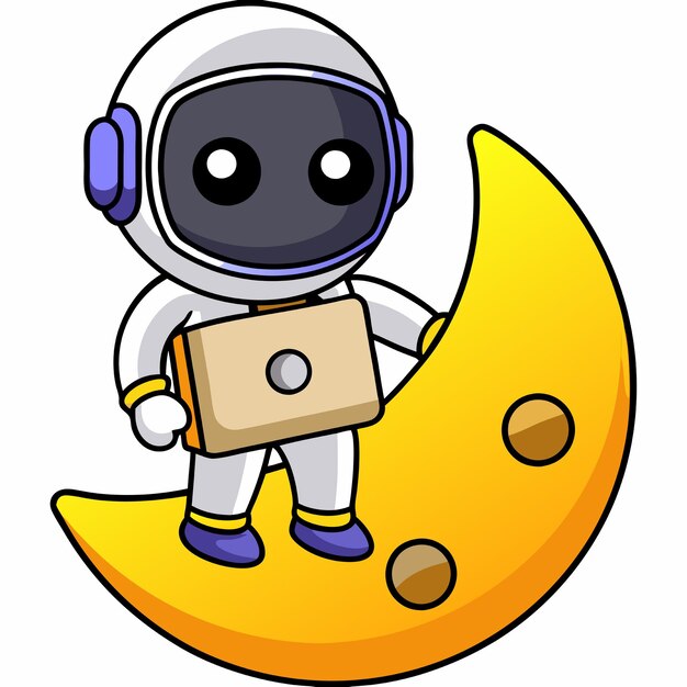Astronauta lindo de pie en la Luna sosteniendo el tablero de inicio icono vectorial de dibujos animados Ilustración Ciencia Tecnología icono concepto aislado estilo de dibujo animado plano vectorial premium