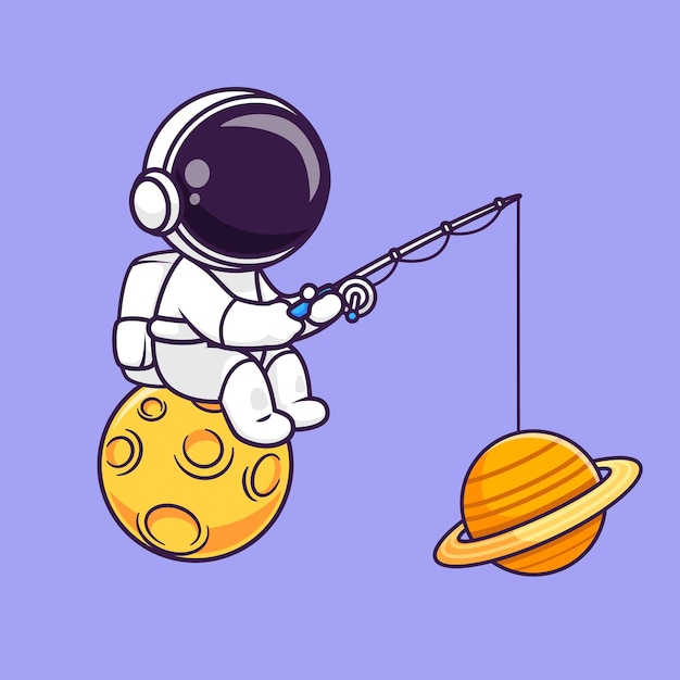 Astronauta lindo Planeta de pesca en la Luna Icono vectorial de dibujos animados Ilustración Ciencia Tecnología aislada