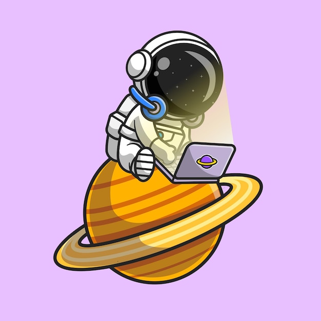 Astronauta lindo que juega la computadora portátil en la ilustración del icono del vector de la historieta del planeta. Concepto de icono de tecnología de ciencia aislado Vector Premium. Estilo de dibujos animados plana