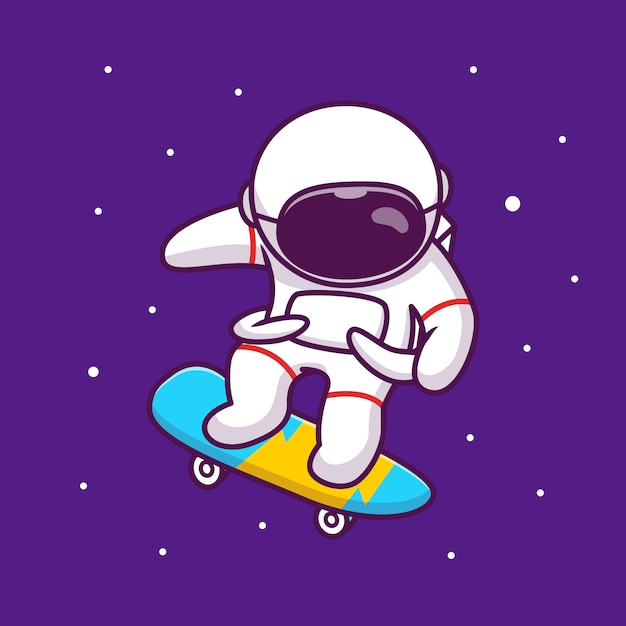 Astronauta lindo que juega el monopatín en la ilustración del icono de la historieta del espacio. concepto de icono de espacio de ciencia de personas aislado premium. estilo plano de dibujos animados