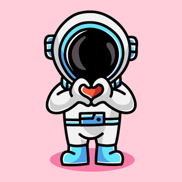 Astronauta lindo que muestra amor Doodle Ilustración de dibujos animados Icono espacial Concepto Vector premium aislado