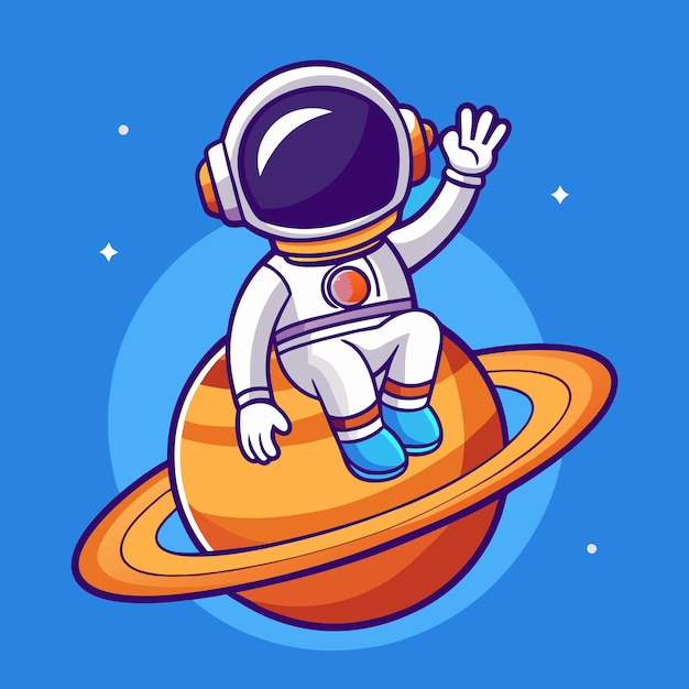 Un astronauta lindo sentado en un planeta y agitando la mano Ilustración aislada de vector de dibujos animados