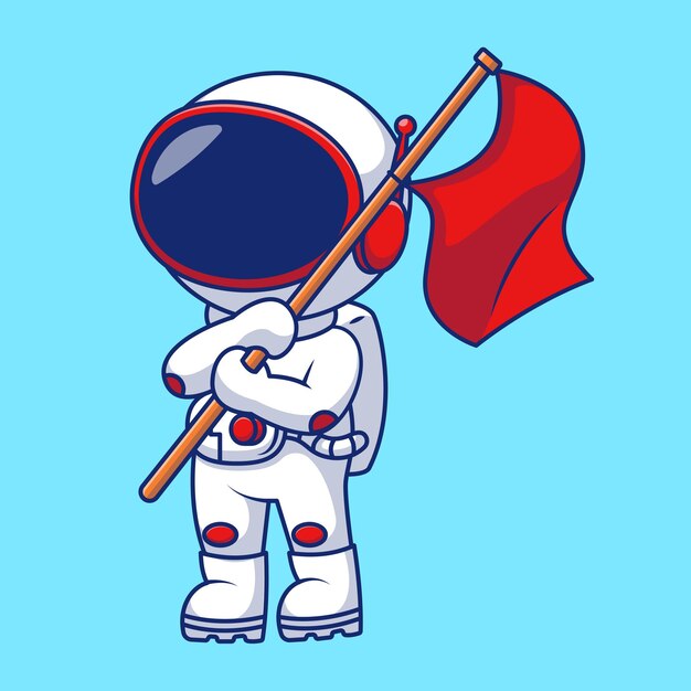 Un astronauta lindo sosteniendo una bandera iconos de dibujos animados vectoriales ilustración concepto de dibujus animados planos