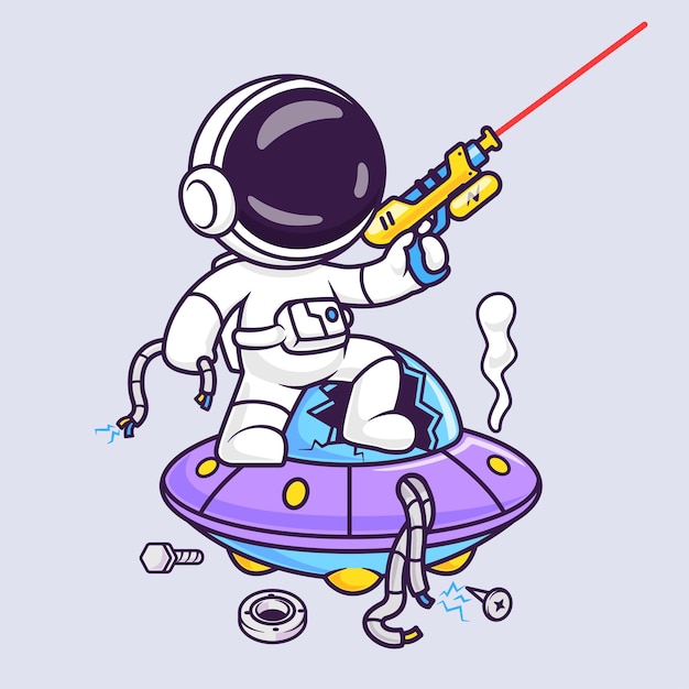 Astronauta lindo sosteniendo una pistola espacial en un OVNI roto icono vectorial de dibujos animados Ilustración Ciencia Tecnología