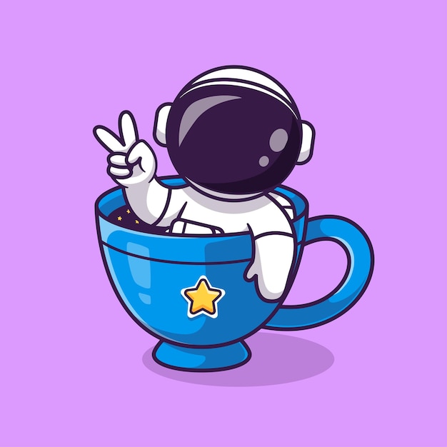 Astronauta lindo en taza con la ilustración del icono del vector de la historieta de la mano de la paz. Concepto de icono de bebida de ciencia aislado Vector Premium. Estilo de dibujos animados plana