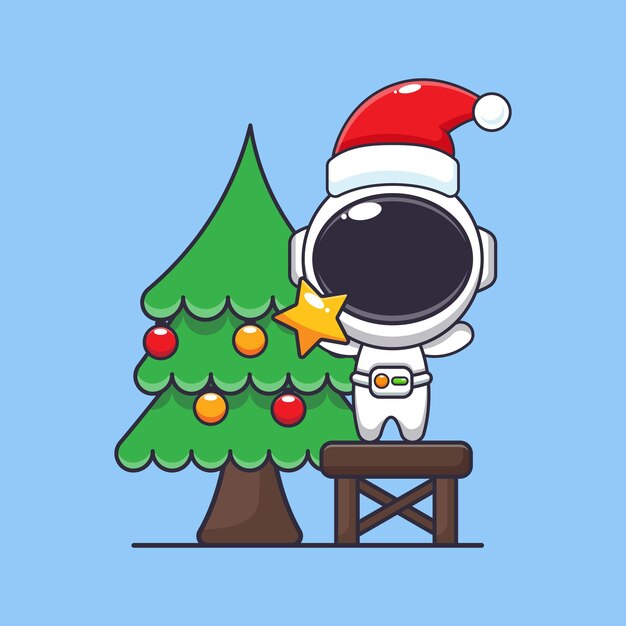 Astronauta lindo tomando la estrella del árbol de Navidad Ilustración de personajes de dibujos animados de Navidad