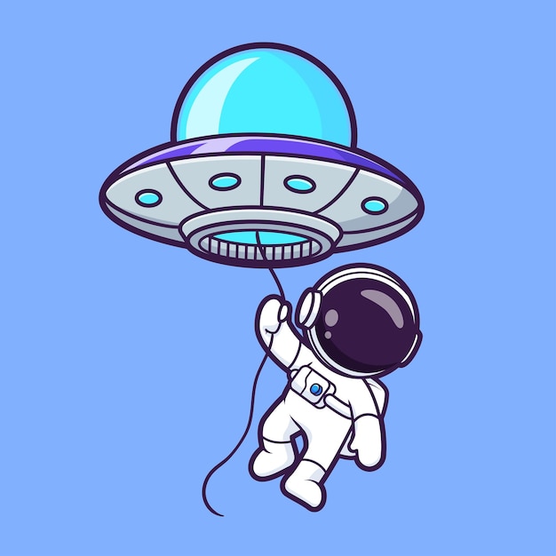 Astronauta lindo con UFO Balón de dibujos animados Icono vectorial Ilustración Ciencia Tecnología aislado plano