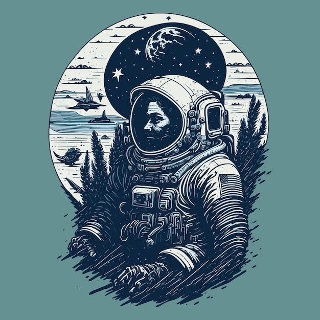 Astronauta en la Luna camiseta vectorial de diseño retro vintage rústico con textura angustiada y cuello desvanecido