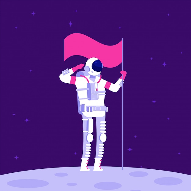 Astronauta en la luna. Cosmonauta holging bandera en planeta sin vida en el espacio ultraterrestre.