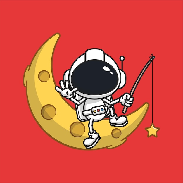 Astronauta mascota personaje de dibujos animados en la luna estrella de pesca