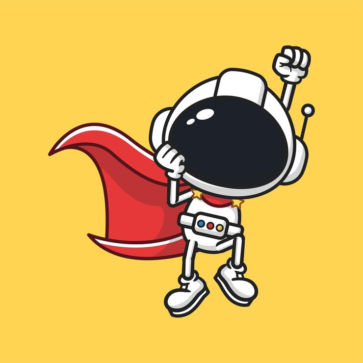 Astronauta mascota personaje de dibujos animados siendo superhéroe
