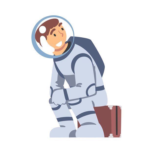 Astronauta masculino alegre sentado en una maleta Personaje turista espacial en traje espacial Ilustración vectorial de dibujos animados