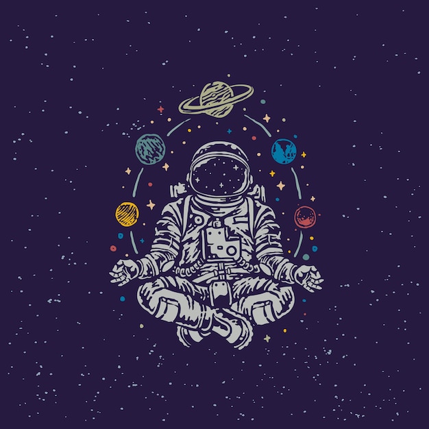 Astronauta meditando vintage old school ilustración