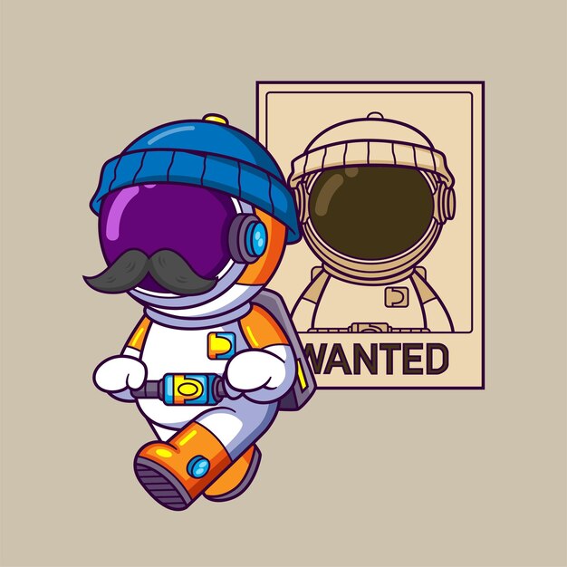 Un astronauta mirando un cartel de buscado en la pared.