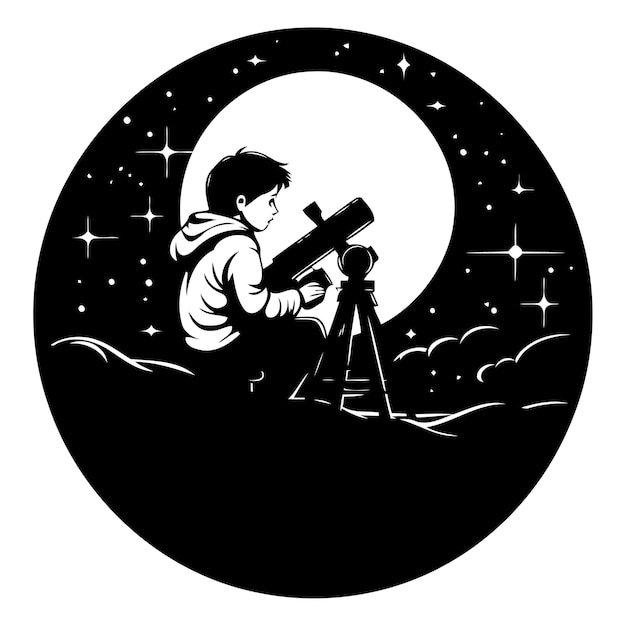 Vector astronauta mirando a través de un telescopio el fondo de la luna y las estrellas