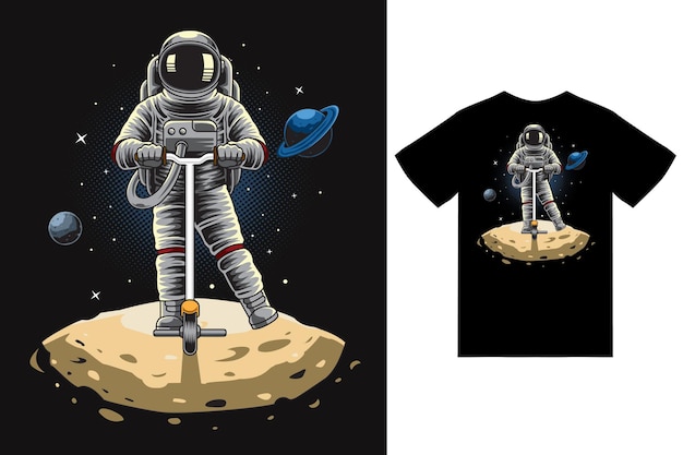Astronauta montando otoped en la ilustración espacial con vector premium de diseño de camiseta