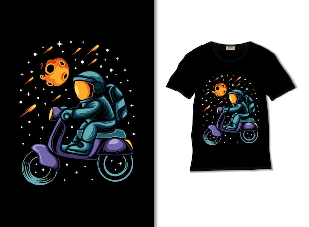 Astronauta montando scooter en la ilustración espacial con diseño de camiseta