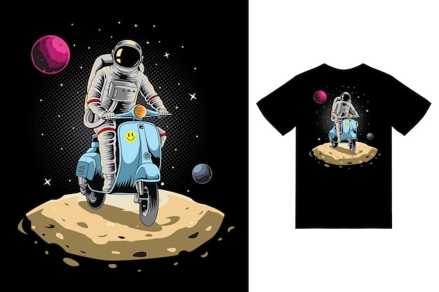 Astronauta montando scooter en ilustración espacial con vector premium de diseño de camiseta