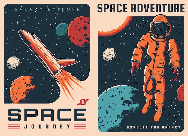 Astronauta de la nave espacial en carteles retro del espacio ultraterrestre