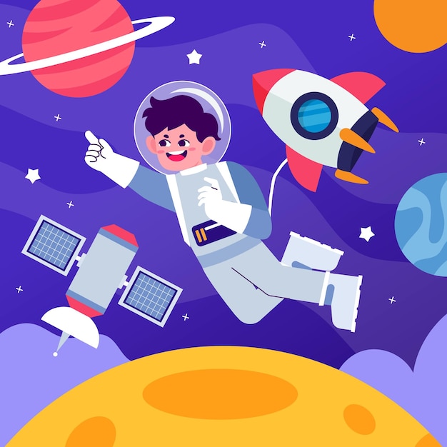 Astronauta niño feliz flotando en el espacio exterior cerca de cohetes y planetas con fondo colorido
