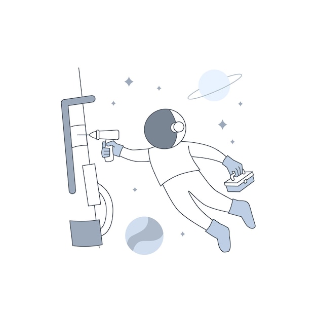 Astronauta o Cosmonauta reparando satélite o nave espacial con flotando en el espacio para la ilustración de estado vacío de la página de error en construcción