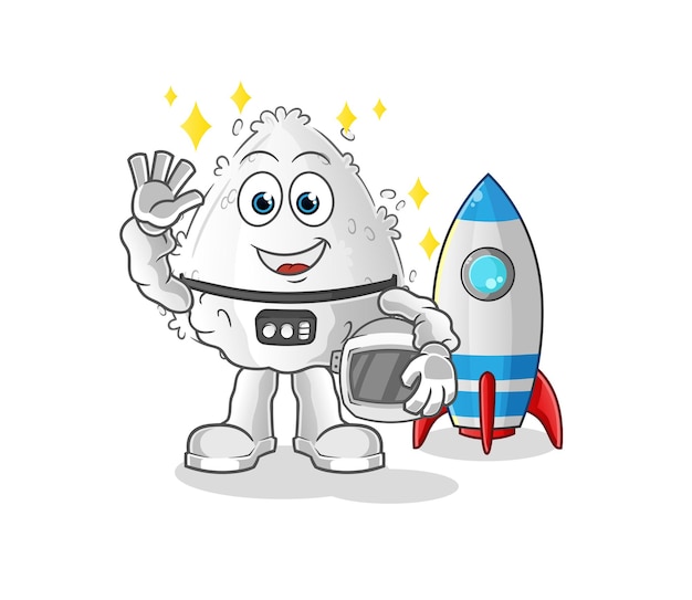 Astronauta onigiri agitando el carácter. vector de mascota de dibujos animados