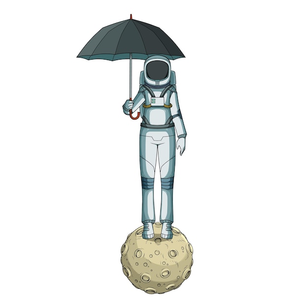 Astronauta con paraguas de pie en la luna.