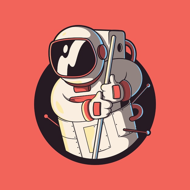 Astronauta perdido en el espacio en una ilustración de vector de satélite. Tecnología, viajes, concepto de diseño espacial.