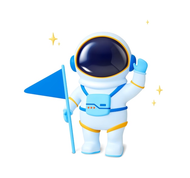 Astronauta personaje 3D astronauta aislado en traje de pie con bandera y alrededor de él estrellas renderización vectorial realista cosmonauta explorando el espacio