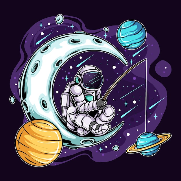 Astronauta pescando en la luna en el espacio entre los planetas