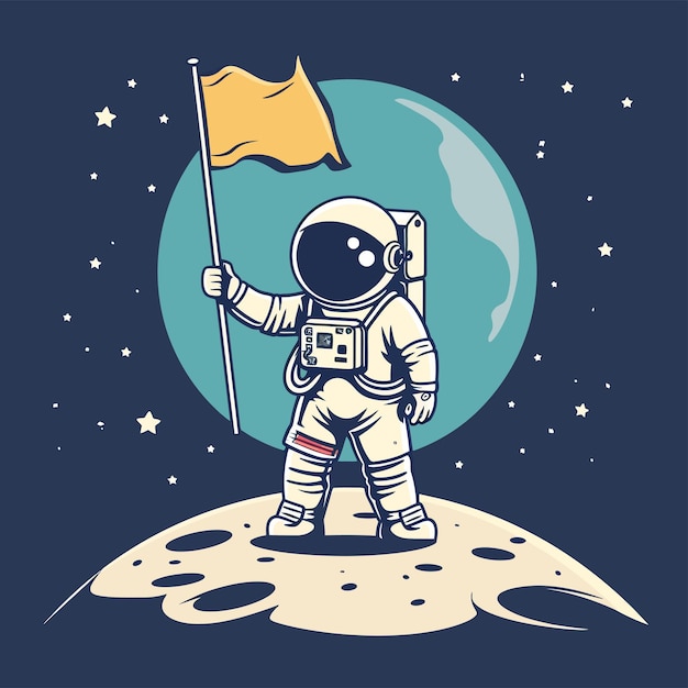Vector astronauta de pie sosteniendo la bandera en la ilustración de la luna con vector premium de diseño de camiseta