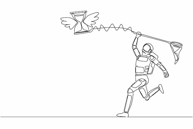 Un astronauta que dibuja una línea continua trata de atrapar un reloj de arena volador con un vector de red de mariposa
