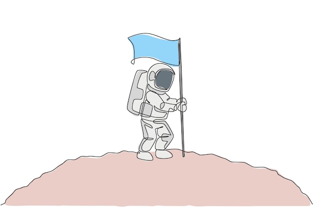 Un astronauta que dibuja una sola línea explorando la galaxia cósmica y plantando una bandera en el vector de la superficie lunar