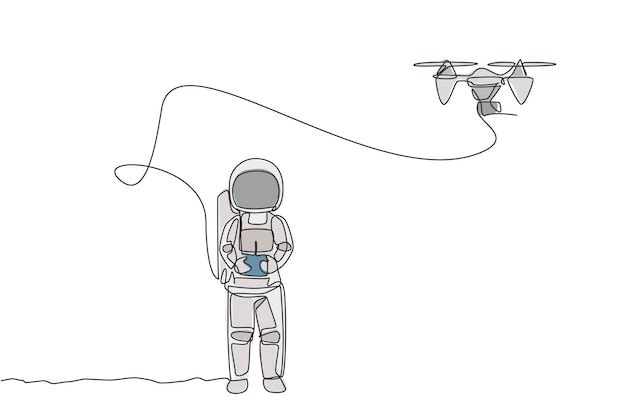 Un astronauta que dibuja una sola línea jugando al control de radio del avión teledirigido en el ocio vectorial lunar en el espacio