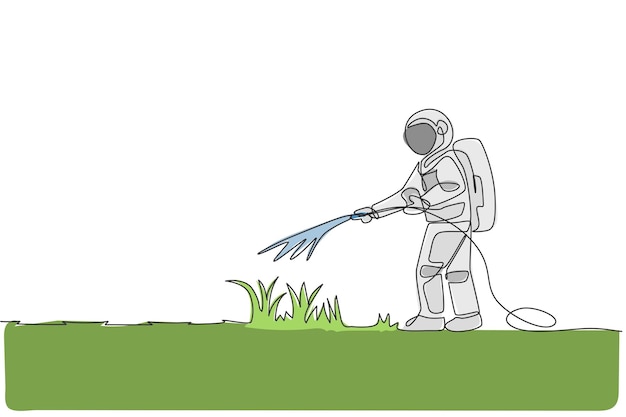 Vector un astronauta que dibuja una sola línea plantando semillas de árboles de nuevas especies cuidadosamente en un vector de superficie lunar