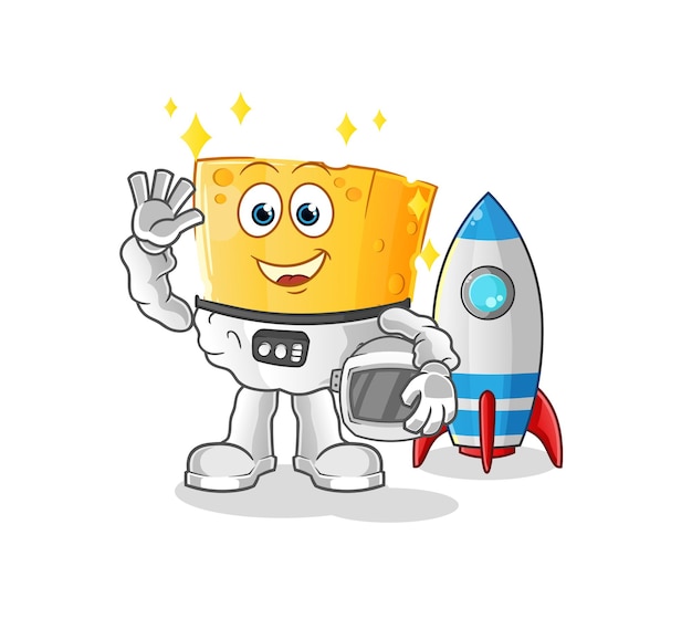 Astronauta de queso que agita el personaje. vector de mascota de dibujos animados