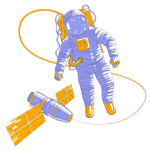 El astronauta salió al espacio abierto conectado a la estación espacial, el astronauta flotando en ingravidez y la nave espacial iss con paneles solares detrás de él. Ilustración de vector aislado sobre blanco.
