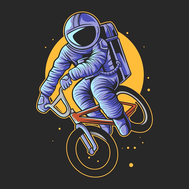 Astronauta salta con bicicletas bmx sobre la ilustración de vector de luna