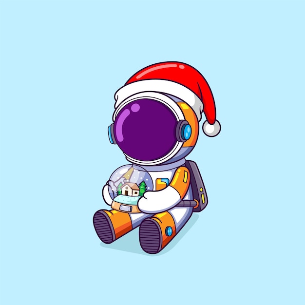 El astronauta de santa sostiene la linda bola mágica para el regalo de navidad