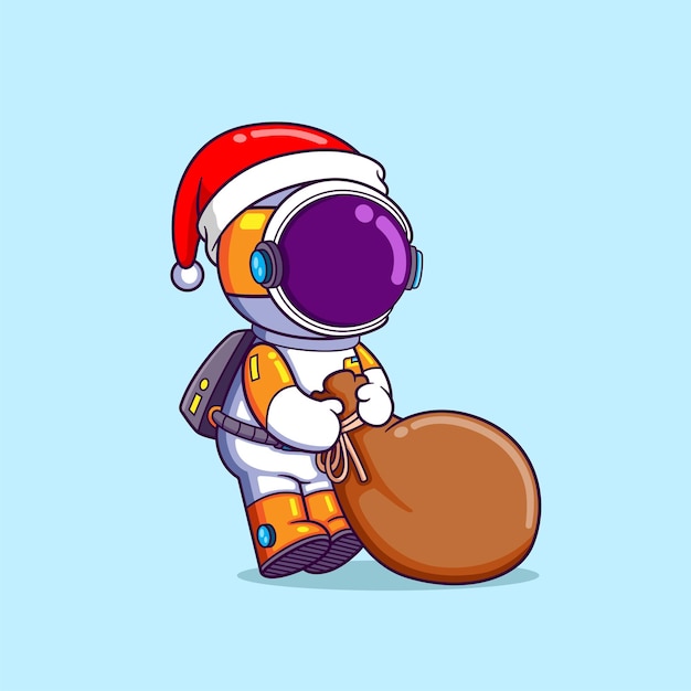 El astronauta de santa tiene muchos regalos para los niños en el saco grande.