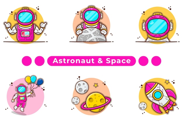 Astronauta y satélite con ilustración de cohete.