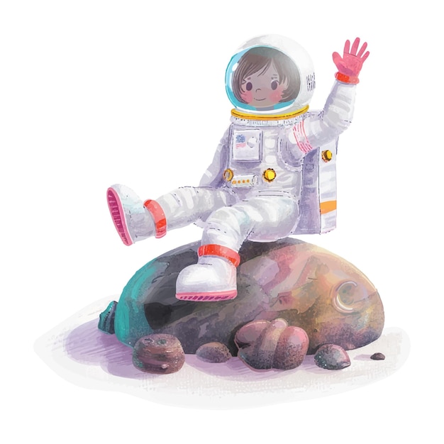 Astronauta sentado en el planeta y agitando la mano 17