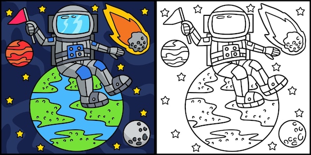 astronauta sentado en la tierra para colorear ilustración