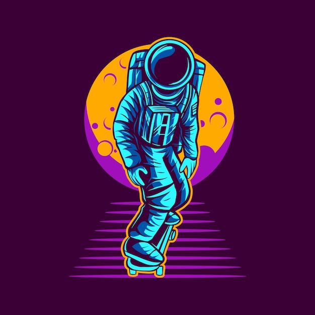 Astronauta en skate del diseño de ilustración de luna