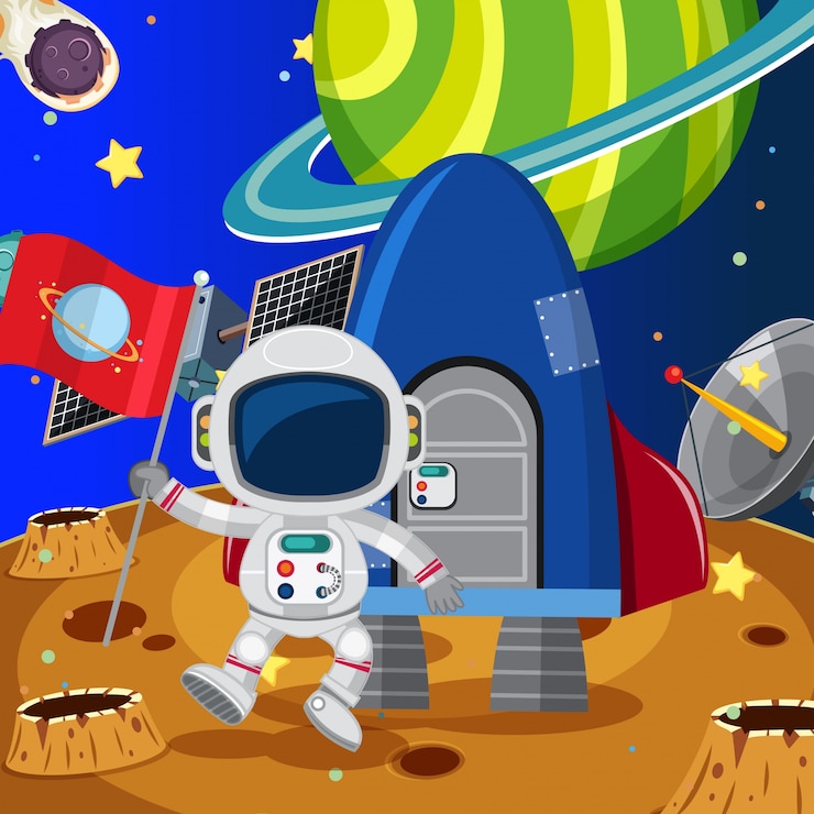 Vector astronauta sosteniendo la bandera en la luna