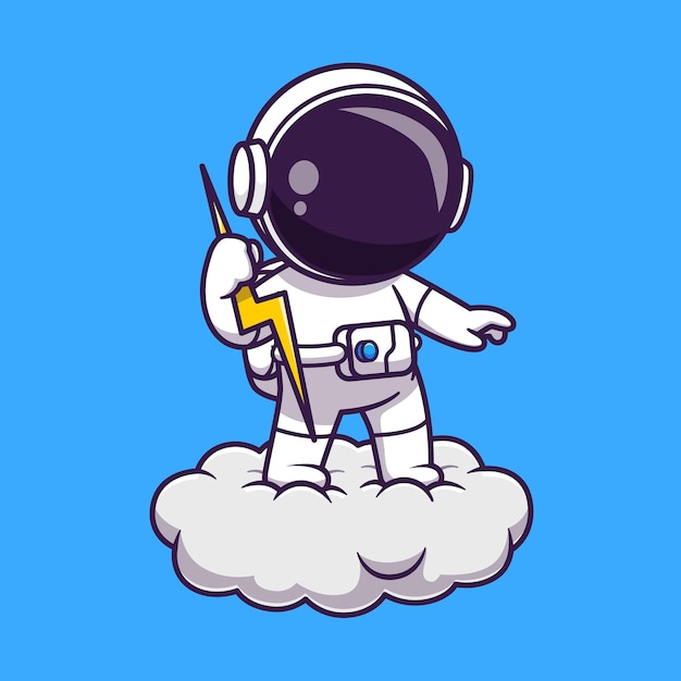 Astronauta sosteniendo Thunder Bolt en la ilustración de icono de Vector de dibujos animados de nube. Concepto de icono de tecnología de ciencia aislado Vector Premium. Estilo de dibujos animados plana