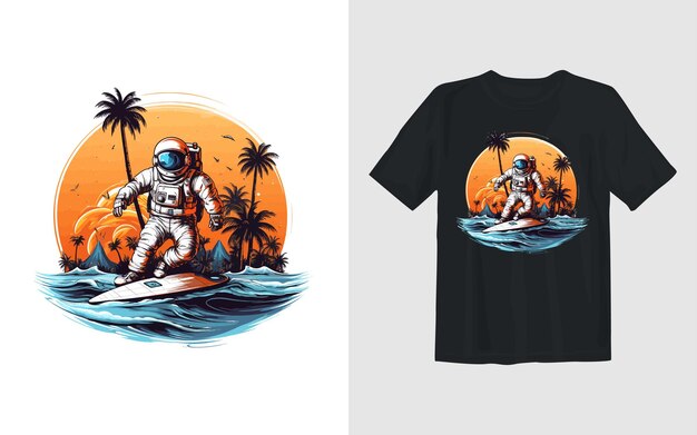 Vector astronauta surfeando en una ilustración de dibujos animados de vector de playa de verano diseño de camiseta de astronauta surfeando