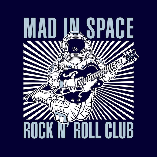 Vector astronauta tocando guitarra eléctrica en el espacio dibujando a mano ilustración vectorial loco en el espacio rock n roll