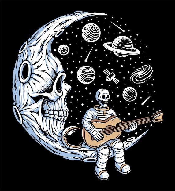 Astronauta tocando la guitarra en la luna del cráneo